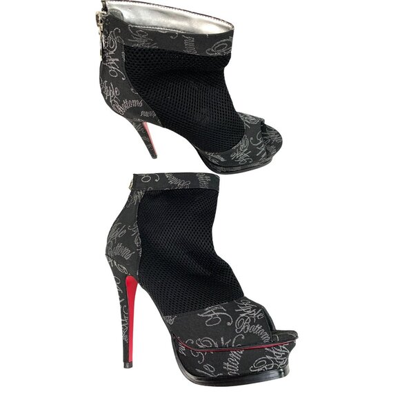 Rare Apple Bottoms Peep Toe Ankle Booties 6.5 Black Mesh Platform 8764 Charm - Picture 2 of 13